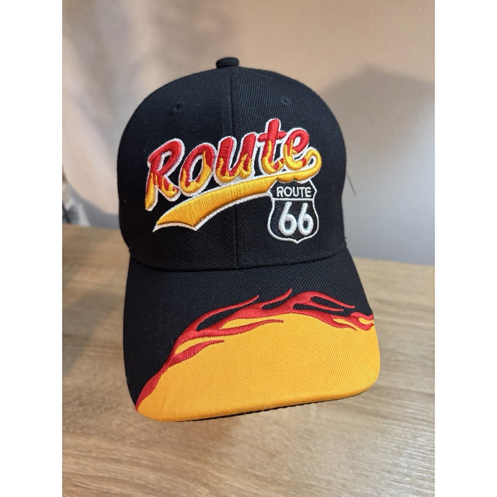 Route 66 USA Headwear Ball Cap Black Orange Flames Embroidered Adjustable NWT